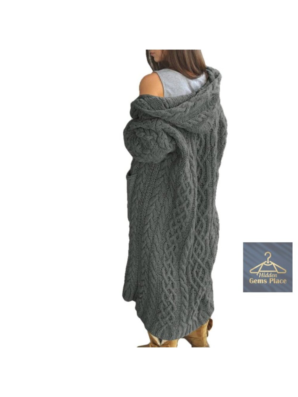 Women's Oversized Long Cable Knit Open Front Cardigan Hooded Sweater with